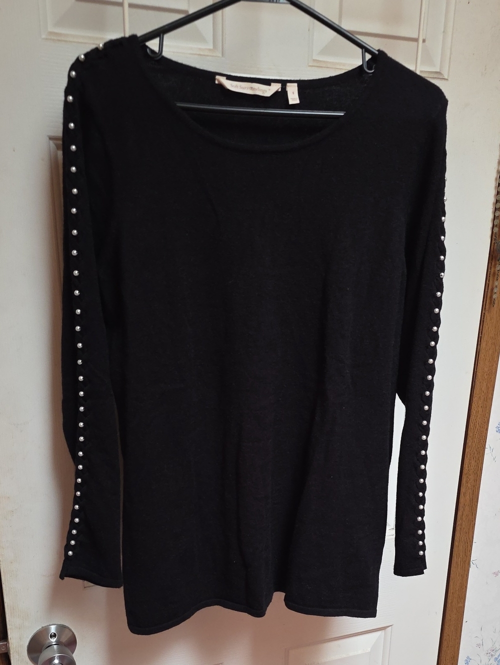 Soft Surroundings Black Crewneck Sweater with Pearl Stud Trim